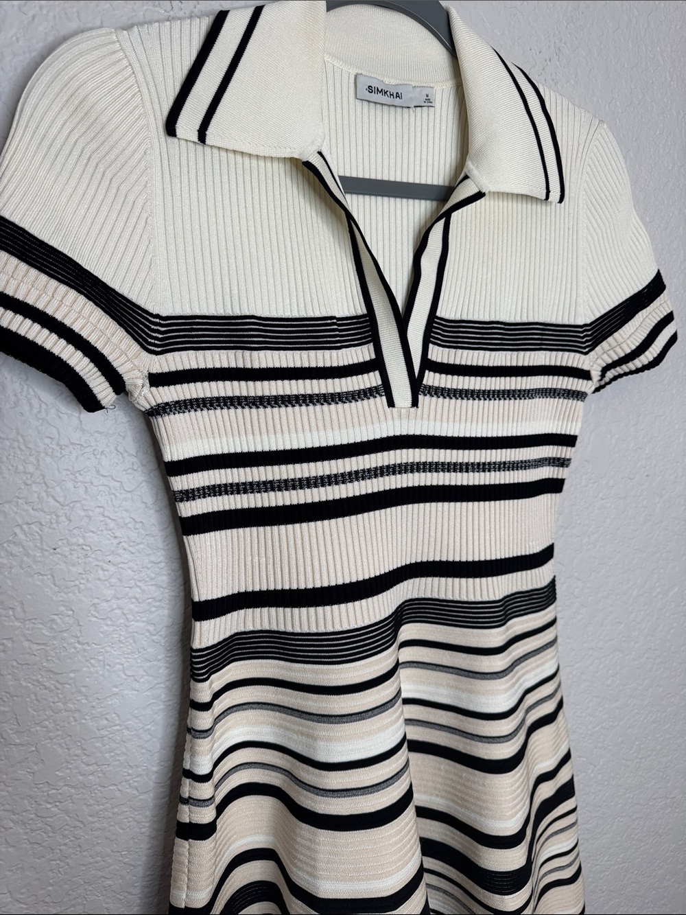 NEW SIMKHAI Dessie Striped Ribbed Knit Mini Dress Medium Cream Black - Picture 4 of 7